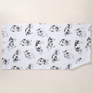 Vintage Cottagecore Pig LineArt Minimalist Pattern Beach Towel
