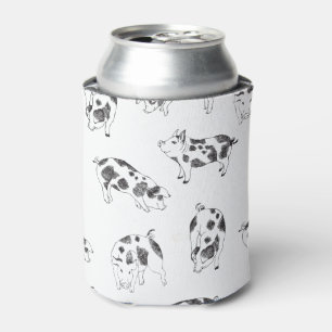 Vintage Cottagecore Pig LineArt Minimalist Pattern Can Cooler