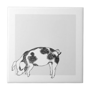 Vintage Cottagecore Pig LineArt Minimalist Pattern Ceramic Tile