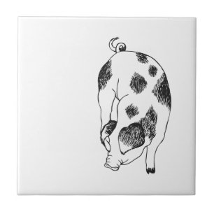 Vintage Cottagecore Pig LineArt Minimalist Pattern Ceramic Tile