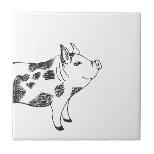 Vintage Cottagecore Pig LineArt Minimalist Pattern Ceramic Tile