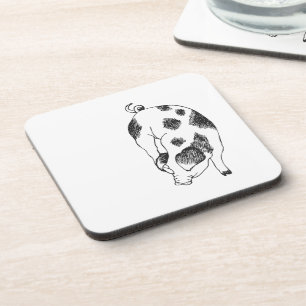 Vintage Cottagecore Pig LineArt Minimalist Pattern Coaster