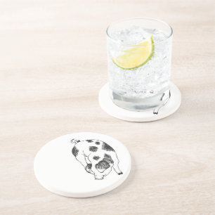 Vintage Cottagecore Pig LineArt Minimalist Pattern Coaster