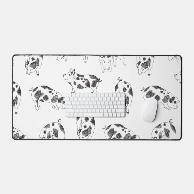 Vintage Cottagecore Pig LineArt Minimalist Pattern Desk Mat (Keyboard & Mouse)
