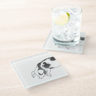 Vintage Cottagecore Pig LineArt Minimalist Pattern Glass Coaster