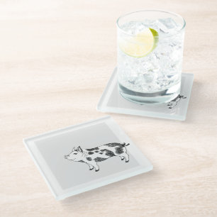 Vintage Cottagecore Pig LineArt Minimalist Pattern Glass Coaster