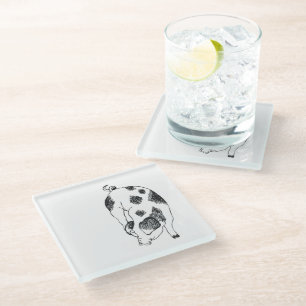 Vintage Cottagecore Pig LineArt Minimalist Pattern Glass Coaster