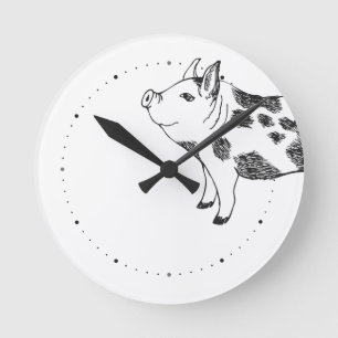 Vintage Cottagecore Pig LineArt Minimalist Pattern Round Clock