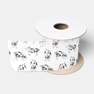 Vintage Cottagecore Pig LineArt Minimalist Pattern Satin Ribbon