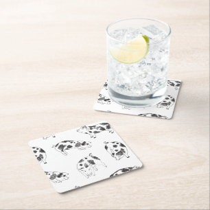 Vintage Cottagecore Pig LineArt Minimalist Pattern Square Paper Coaster