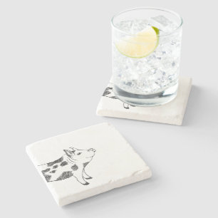 Vintage Cottagecore Pig LineArt Minimalist Pattern Stone Coaster