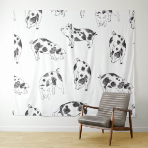 Vintage Cottagecore Pig LineArt Minimalist Pattern Tapestry