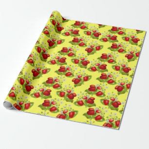 vintage cottagecore strawberries yellow strawberry wrapping paper
