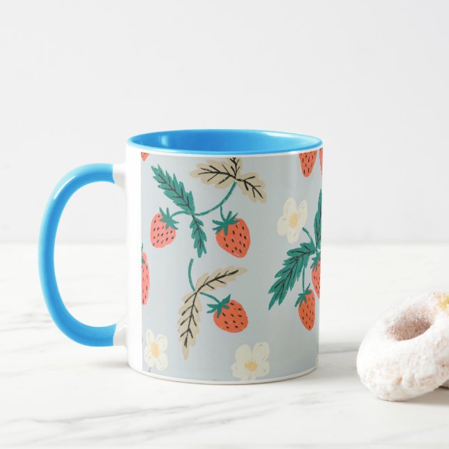 Vintage Cottagecore Strawberry Pattern Mug (With Donut)