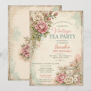 Vintage Cottagecore Vintage Sweet 16 Tea Party Invitation