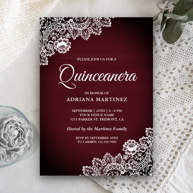 Vintage Country Burgundy Wood Lace Quinceanera Invitation (Creator Uploaded)