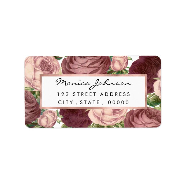 Vintage country chic burgundy pink roses flowers label (Front)