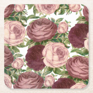 Vintage country chic burgundy pink roses flowers square paper coaster
