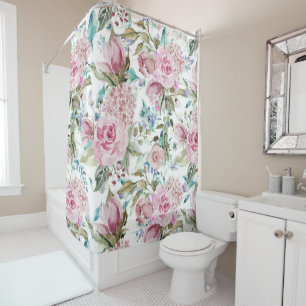 Vintage Country Chic Pink Teal Lavender Floral Shower Curtain