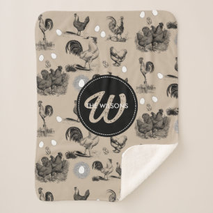 Vintage Country Chicken Rooster Egg Monogram Sherpa Blanket