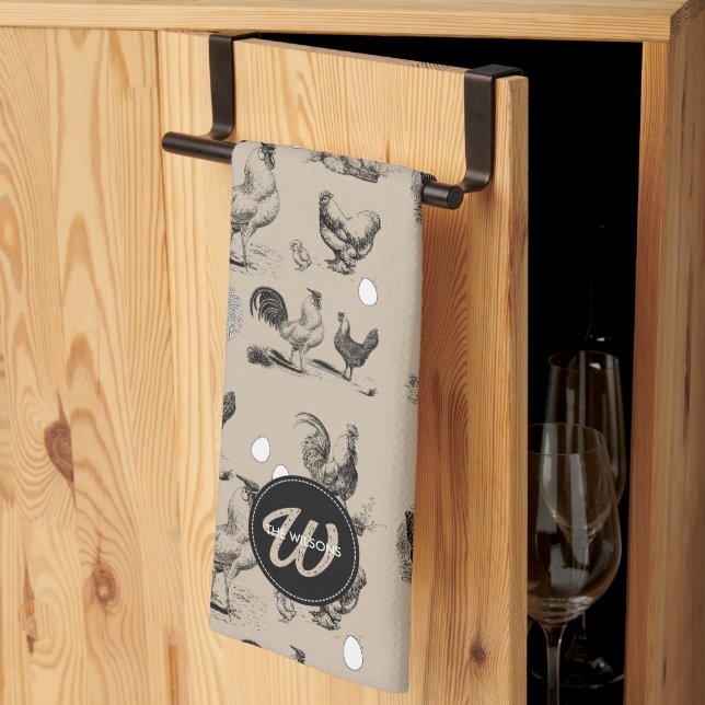 Vintage Country Chicken Rooster Egg Monogram Tea Towel (Thirds Fold)