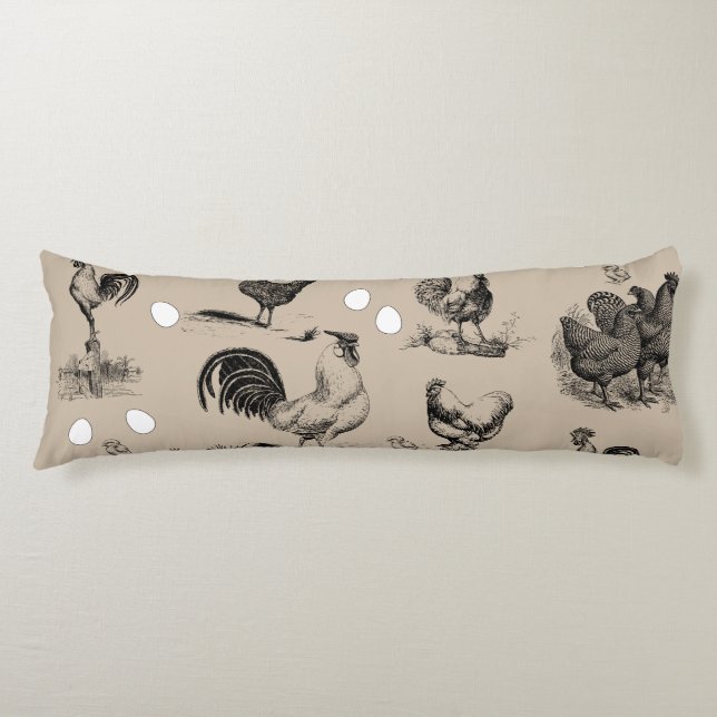 Vintage Country Chicken Rooster Egg Pattern Body Cushion (Front)