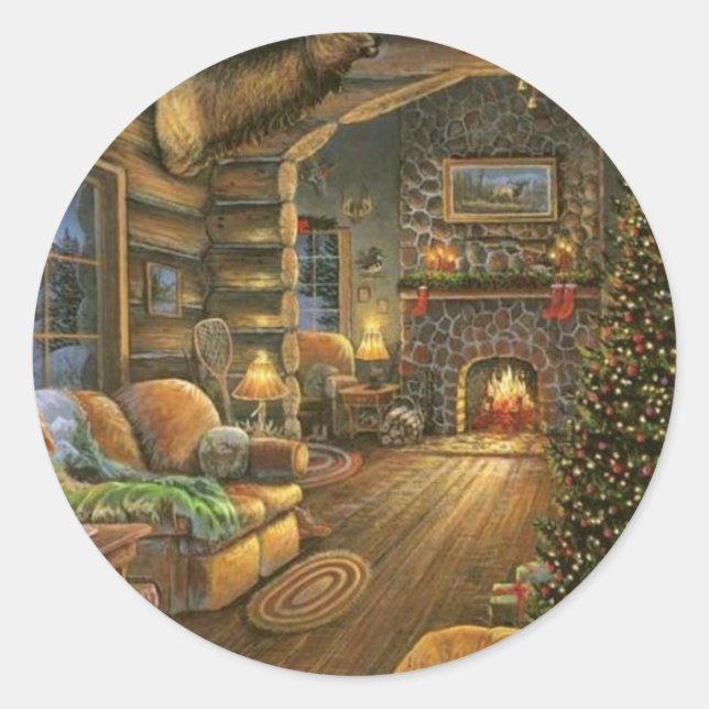 Vintage Country Christmas Cabin Classic Round Sticker (Front)