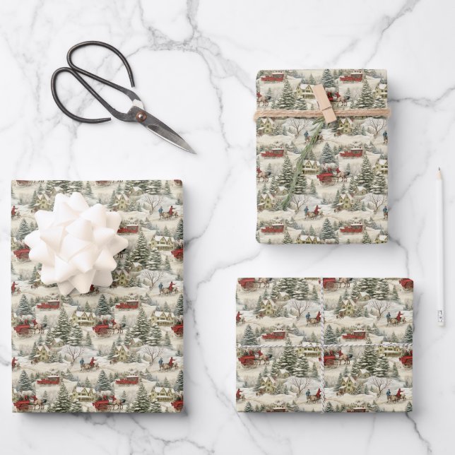 Vintage Country Christmas Scene Wrapping Paper Sheet (Front)