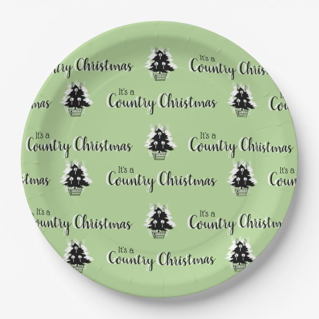 Vintage Country Christmas Trees Pattern Green Paper Plate (Front)