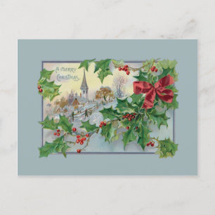 Vintage Country Church and Holly Holiday Postcard
