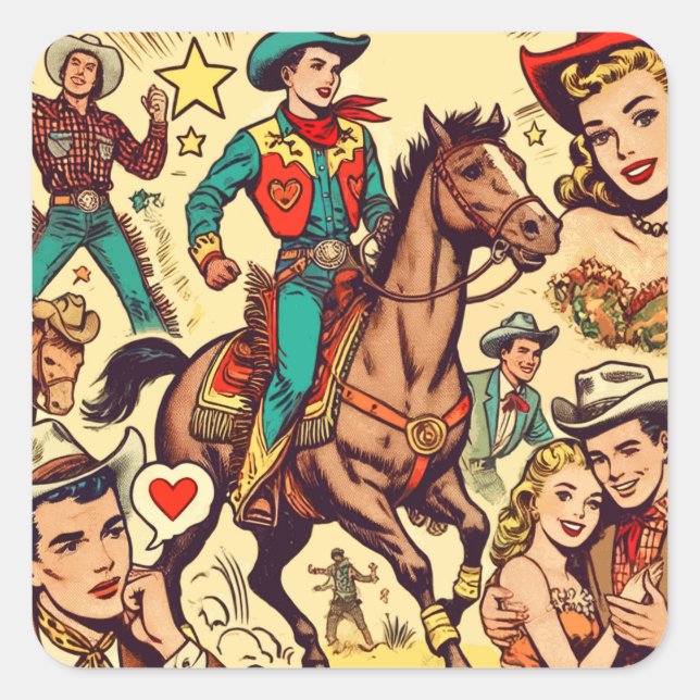 Vintage Country Comics Illustration Square Sticker (Front)