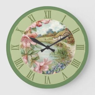 Vintage Country Cottage Scene Green Floral Large Clock
