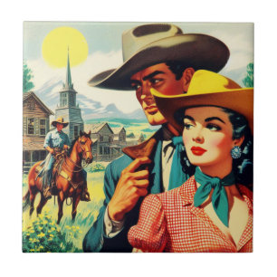 Vintage Country Couple Illustration Ceramic Tile