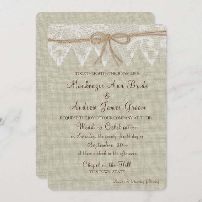 Vintage Country Fair Lace and Burlap Wedding Invitation (Front/Back)