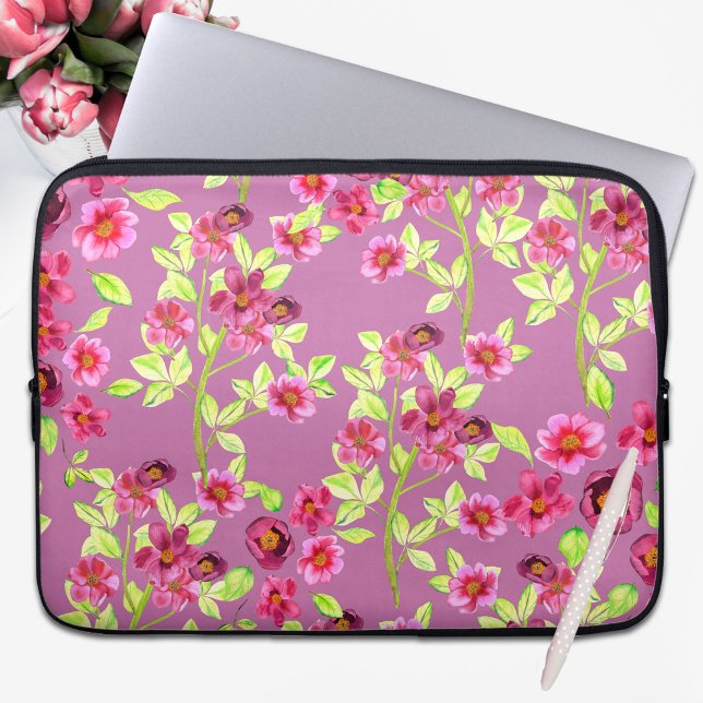 Vintage Country Garden Flowers Pink Green Laptop Sleeve (Creator Uploaded)