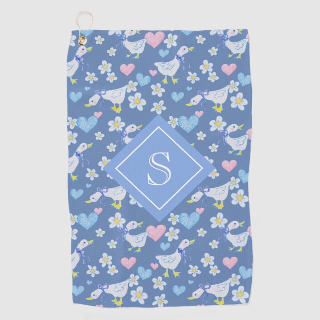 Vintage Country Geese Pattern Monogram Golf Towel (Front)