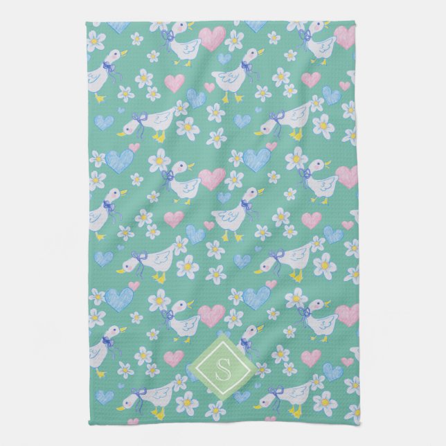 Vintage Country Geese Pattern Monogram Tea Towel (Vertical)