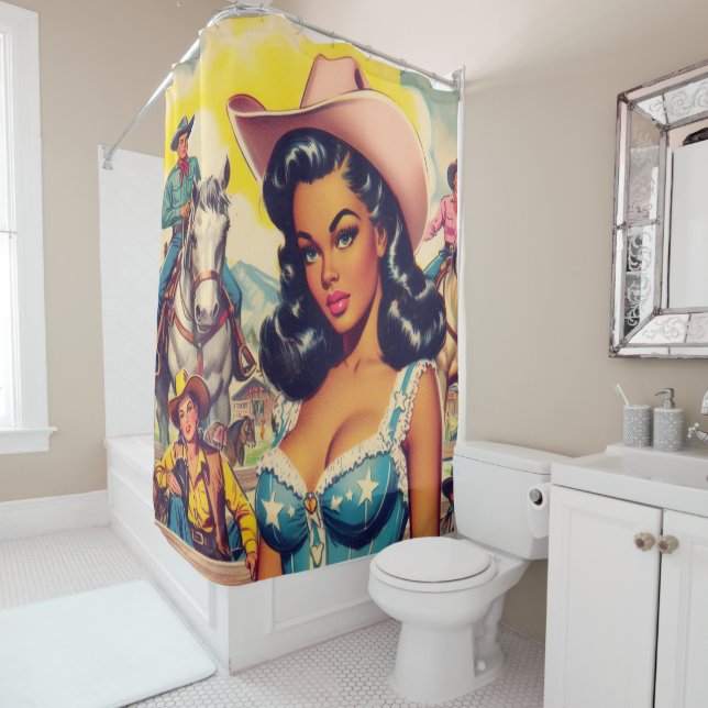Vintage Country Girl Illustration Shower Curtain (In Situ)