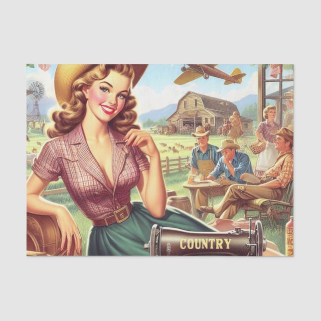 Vintage Country Girl Illustration Tissue Paper (Front)