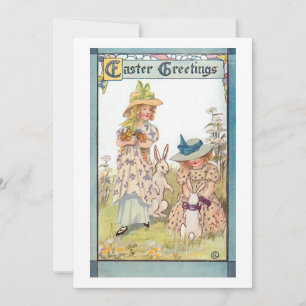 Vintage Country Girls with Easter Bunnies & Chicks Holiday Card