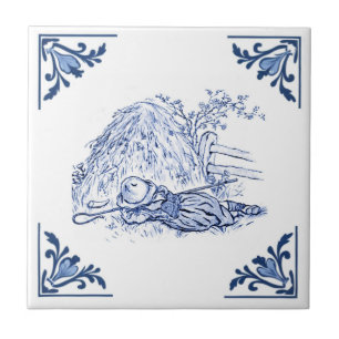 Vintage Country Haystack Sleep Delft Blue & White Ceramic Tile