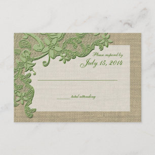 Vintage Country Lace Design and Burlap Green RSVP Card