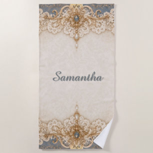 Vintage country lace pearl gems editable name beach towel