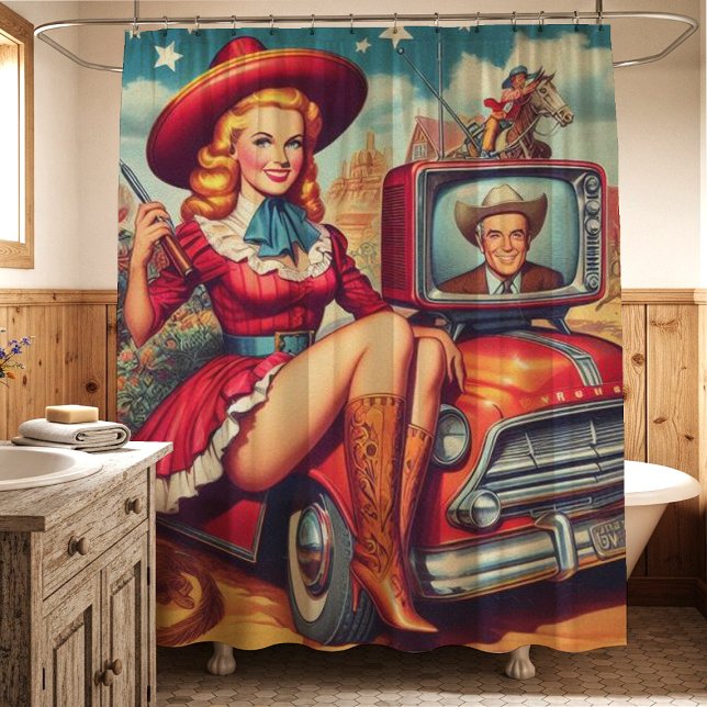 Vintage Country Pin-Up Illustration Shower Curtain (Creator Uploaded)