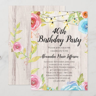 Vintage Country Rustic String Lights 40th Birthday Invitation