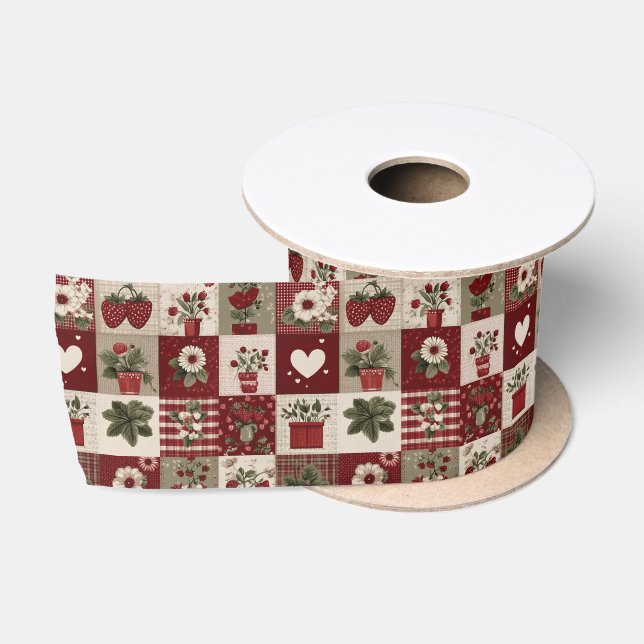 Vintage Country Strawberry Patchwork Pattern Satin Ribbon (Spool)