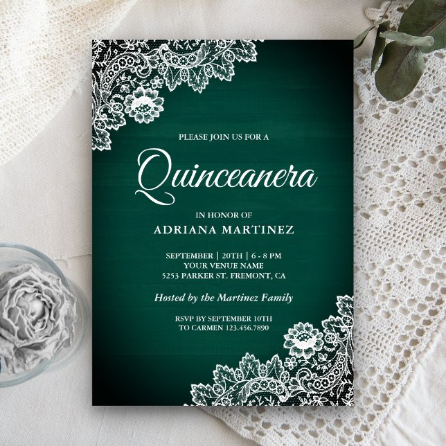 Vintage Country Teal Green Wood Lace Quinceanera Invitation (Creator Uploaded)