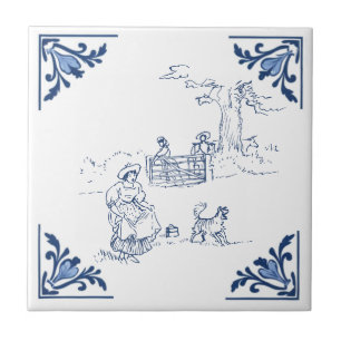 Vintage Country Walk with Dog Delft Blue and White Ceramic Tile
