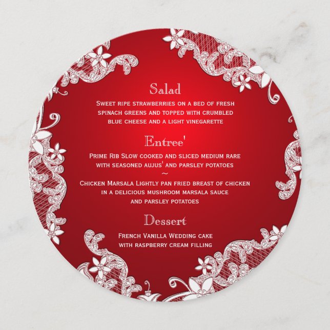 Vintage Country White Lace Red Round Menu (Front)