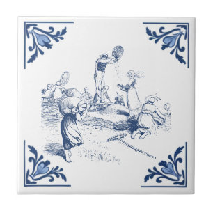 Vintage Country Winnowing Wheat Delft Blue White Ceramic Tile